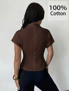 Firerie Wrinkled Collar Asymmetrical Sleeve Side Ruched Cinched Waist Commuter Apricot Bamboo Fiber Linen Blouse For Women, All Season,Summer Top - Brown - View 2