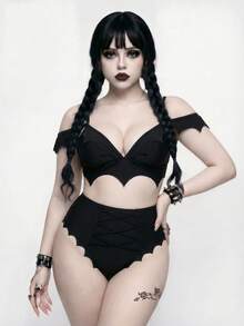 ROMWE Goth Conjunto de bikini estilo gótico de talla para mujer, primavera/verano - Negro - Ver 4