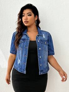 Firerie Plus Size Women Distressed Single-Breasted Short Sleeve Denim Jacket - Dark Wash - View 3