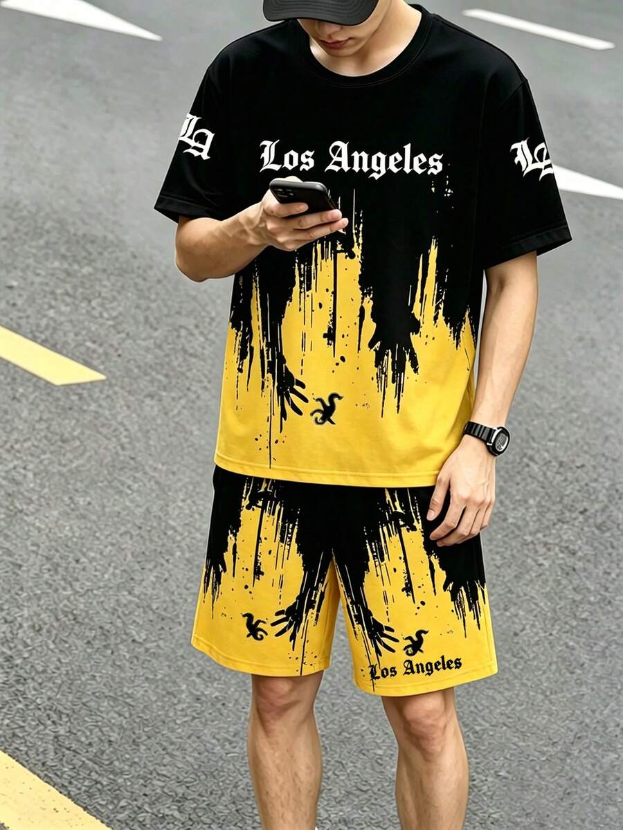青少年男童数码渐变图案字母标语短袖T恤短裤套装,休闲舒适春夏装,适合户外、运动、野餐、街头摄影、度假等场合,亦可作为礼物。 - 彩色 - 查看 1