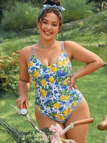 SHEIN Swim 2026 Spring/Summer New Plus Size Women Fashionable Casual Fresh Fruit Random Print One-Piece Swimsuit Beach Outfit - Multicolor - View 9