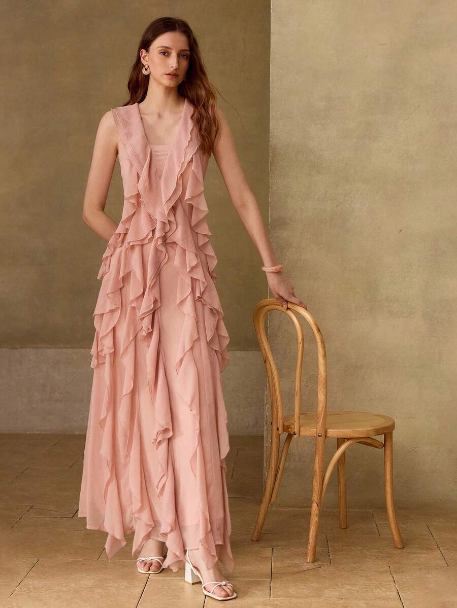 MOTF PREMIUM VESTIDO ELEGANTE DE MUJER CON VOLANTES LARGOS EN EL BAJO, PRIMAVERA/VERANO