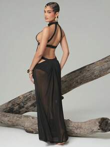 Hauture Cut-Out Backless Mesh Maxi Dress - Black - View 2
