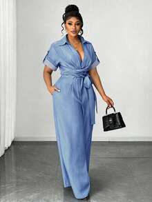 Maweii Jumpsuit Kasual Berlipit Leher V Dalam untuk Wanita Ukuran Plus - Dusty Blue - View 3