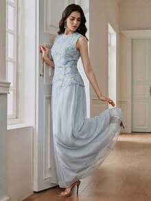 Anewsta Gaun Tanpa Lengan Leher Bulat dengan Bordir Bunga Elegan Terbaru untuk Musim Semi/Panas, Cocok untuk Hari Valentine, Liburan, dan Pesta. - Baby Blue - View 7