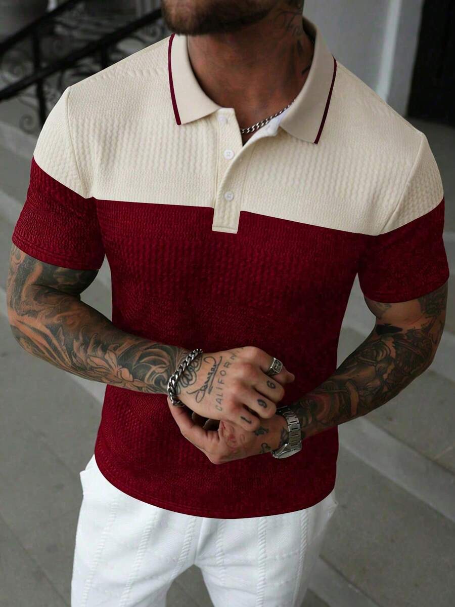 EGENSIO Kemeja Polo Lengan Pendek Pria Kasual untuk Berpergian, Warna Kontras, Bahan Bertekstur, Musim Panas - MultiWarna - View 1