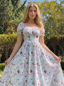 Vestido con cuello de volantes, mangas abullonadas, cintura con lazo y estampado de flores diminutas en patchwork, con estilo francés elegante para vacaciones - Azul - Ver 11