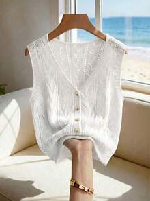 SHEIN Holidaya Women's Ivory Openwork Knit Vest,Summer V-Neck Sleeveless Leaf Pattern Button Front Knit Top,Ribbed Hem Vintage Casual Style Gift For Mother - White - View 6