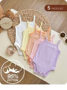SHEIN 5pcs/Set Babygirl Casual Solid Color Knit Comfortable Spaghetti Strap Crotch Open Romper, Suitable For Summer - Pink - View 6