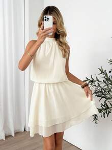 Easowa Vestido mini elegante de unicolor con cuello halter para mujer, de verano - Albaricoque - Ver 3
