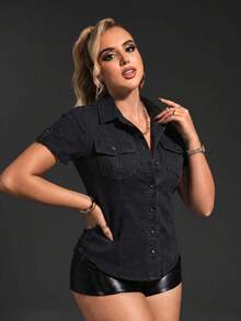 SHEIN SXY 女款單排扣休閒百搭牛仔上衣，適合日常穿著 - 黑色 - 查看 5