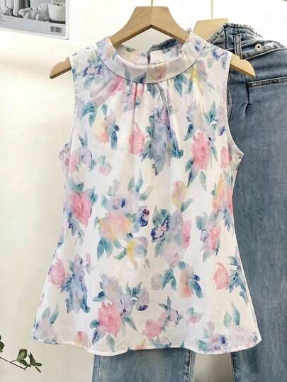 SHEIN Franclia Sweet & Youthful Peter Pan Collar Sleeveless Ditsy Floral Tank Top, Summer Fresh Watercolor Pattern A-Line Flattering Gentle Style Blouse