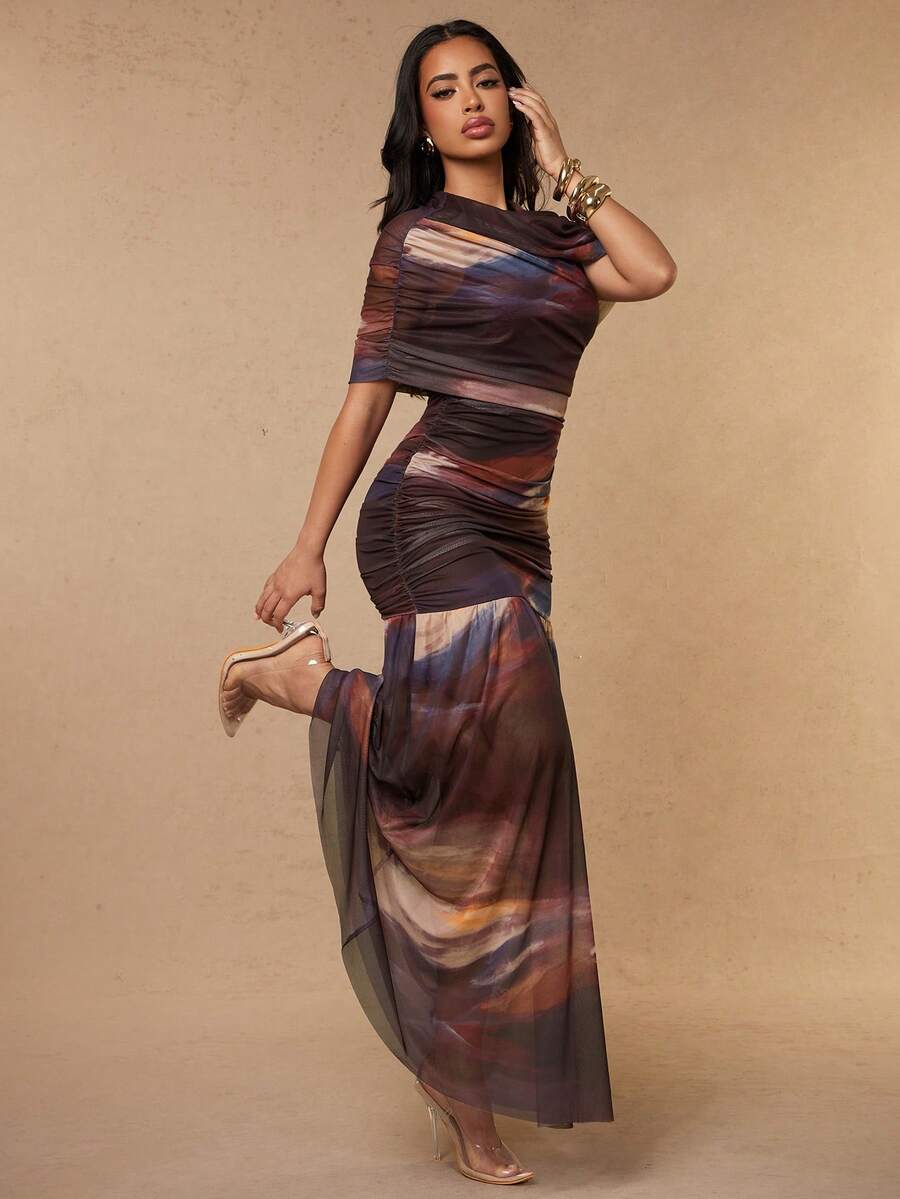 Silquee Floral Print Pleated Dress, Elegant Cocktail Dress For Date Night, Suitable For Cocktail Party, Wedding, Halloween, Christmas - Multicolor - View 1