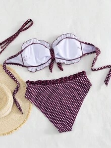 Swim Mod 女士波点两件式比基尼套装，甜美棕色，露背经典白色波点图案搭配棕色底，亮丽层叠时尚复古可爱软杯抹胸无肩带设计，正面蝴蝶结系带，高腰三角泳裤，凸显腰臀曲线，适合春夏海滩、泳池、派对等场合。 - 彩色 - 查看 8