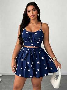 SHEIN Unity Bộ đồ hai mảnh đa năng dành cho nữ cỡ lớn, gồm áo hai dây in hình trái tim thanh lịch, hở lưng, thắt eo kiểu cánh bướm, dáng chữ A, phù hợp cho đi biển, dự tiệc, lễ hội âm nhạc, mùa xuân/hè. - Xanh và trắng - Xem 3
