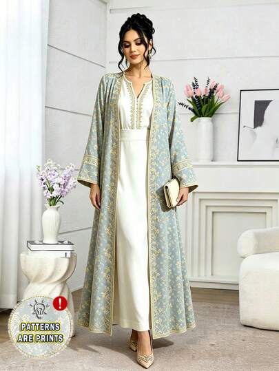SHEIN Najma 金色花枝花边图案女士端庄优雅阿拉伯长袍，春秋时尚长袖开衫长外套，浅蓝灰色花卉图案阿巴雅，阿拉伯风格服装