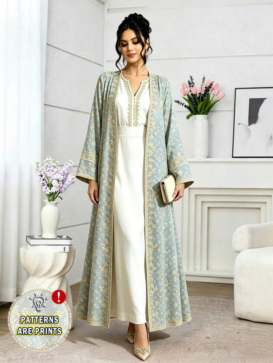 SHEIN Najma 金色花枝花边图案女士端庄优雅阿拉伯长袍,春秋时尚长袖开衫长外套,浅蓝灰色花卉图案阿巴雅,阿拉伯风格服装 - 彩色 - 查看 1