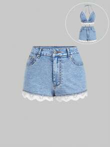 Sweetra Shorts de mezclilla elegantes para mujer con ribete de encaje - Azul - Ver 8