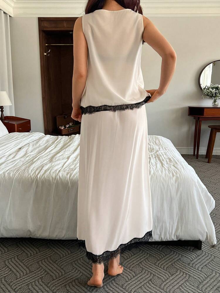 Women's Lace Patchwork Sleeveless Top And High Slit Skirt Pajama Set