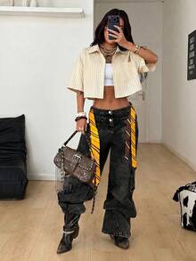 Coolane Women's Summer Streetwear Casual Vintage Preppy Daily Wear Basic Going Out School Graphics Striped Beige Loose Short Sleeve Crop Shirt Top - Apricot - View 5