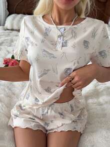 CottageSlumber Women's Cute Rabbit Print Round Neck Button Front Short Sleeve Pajama Set - Multicolor - View 6
