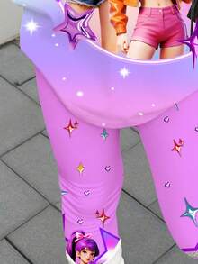 Cartoon Print Short Sleeve T-Shirt And Pants Casual Outfit For Young Girl - Multicolor - View 7