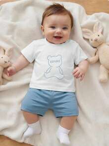 2pcs/Set Newborn Striped Short Sleeve T-Shirt + Shorts - Blue and White - View 2