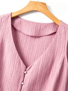 GlowEve CURVE Plus Size Women's Solid Color Textured Jacquard V-Neck Sleeveless Blouse, Ruffle Tie Bow Vacation Shirt - Dusty Pink - View 5