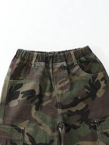 SHEIN 青少年女孩牛仔迷彩工裝寬腿褲，休閒街頭風，橄欖綠多口袋設計，水洗寬鬆版型，100%純棉，校園穿搭 - 軍綠色 - 查看 6