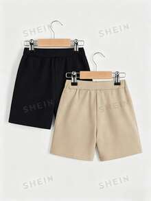 SHEIN Explorewe 男童抽绳腰带口袋休闲宽松短裤 - 卡其色 - 查看 2