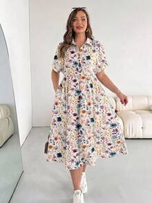 Shapeblank Plus Size Floral Print Dress, Suitable For Summer Holiday Holiday Vacation Beige Cottage Core - Multicolor - View 3