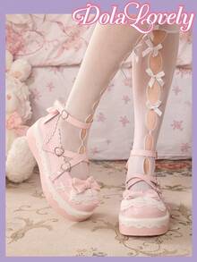 Dola Lovely Giày nữ, kiểu Mary Jane màu hồng với nơ 3D trang trí và khóa kim loại, thích hợp cho phong cách Lolita, dự tiệc sinh nhật hoặc JK Wear. - Nơ bướm màu hồng - Xem 4