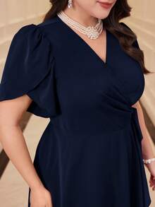 Modelyn Plus Size Women V-Neck Floral Petal Short Sleeve Side Knot Elegant Dress - Navy Blue - View 3