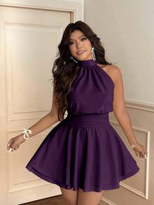 Vionelle Gaun Ungu Elegan Wanita Ukuran Plus dengan Lipit, Leher Halter, Tanpa Lengan, Tali Pengikat, Lapisan Ganda, dan Ruffle di Pinggang - Purple - View 3