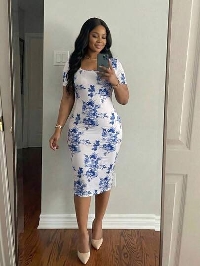 SHEIN Lady CURVE Elegantes figurbetontes Kleid mit Blume Muster und quadratischem Ausschnitt in Große Größen, Sommer