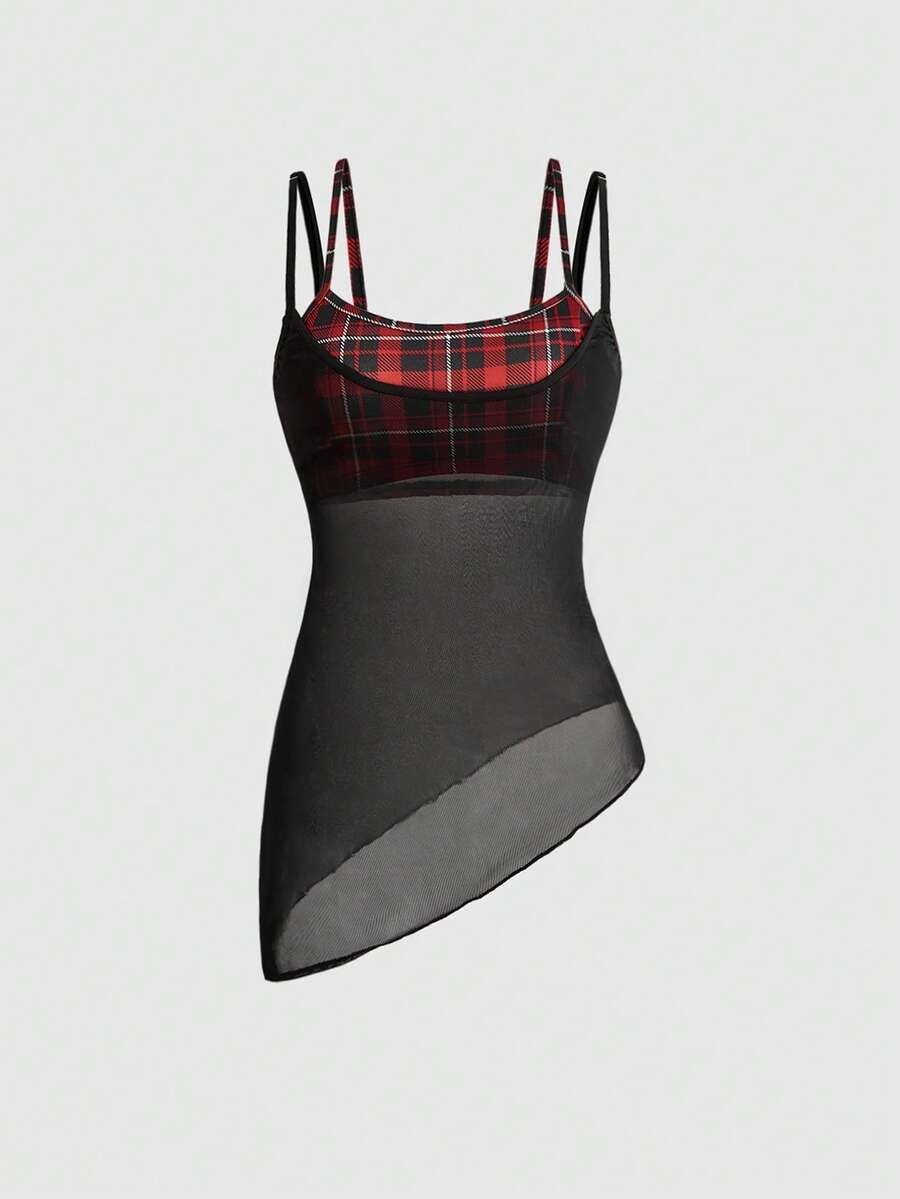 ROMWE Grunge Punk Áo croptop không tay kẻ caro gợi cảm dành cho nữ, kiểu dáng hai mảnh với vạt áo bất đối xứng, thích hợp cho mùa hè. - màu đen - Xem 1