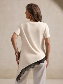 Elegantrix Plus Size Women's Elegant French Style Commuting & Dating Matching Waist Cinched Asymmetric Lace Patchwork Round Neck T-Shirt, Spring/Summer - Beige - View 3