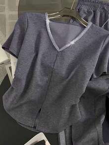 SHEIN Regular Fit V-Neck Short Sleeve Top + Straight Leg Pants With Side Pockets - Grey - View 3