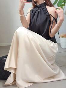 FRIFUL Women's Summer Solid Color Ruched Ruffle Tie-Front Bow Knot Casual Elegant Blouse School Cute Tops Party Date Night Black - Black - View 2