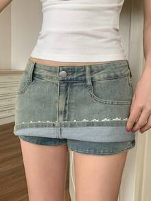 DAZY Chân váy ngắn denim phối ren và túi dành cho nữ - Rửa nhẹ - Xem 1