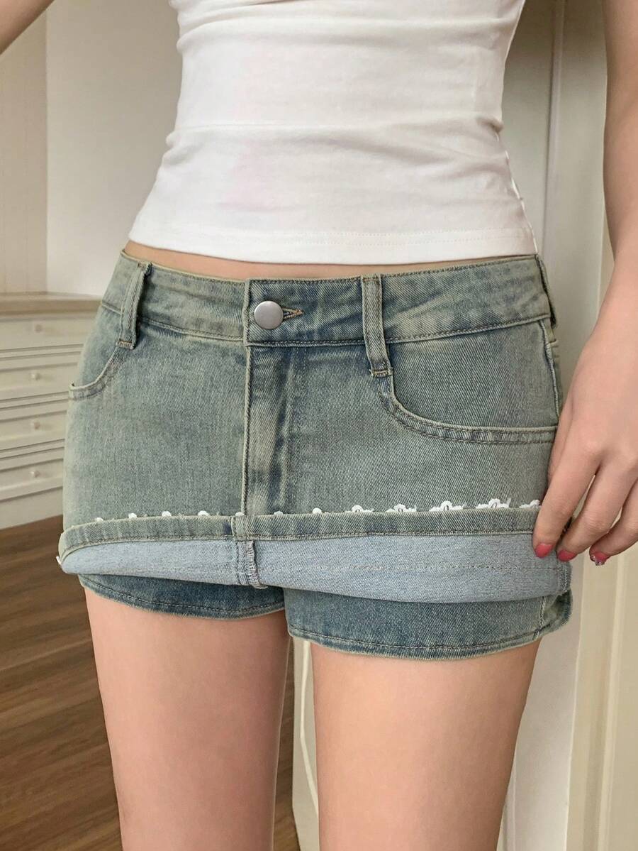 DAZY Chân váy ngắn denim phối ren và túi dành cho nữ - Rửa nhẹ - Xem 1