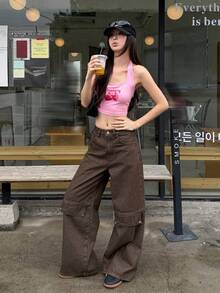 DAZY Quần jeans nữ dáng rộng, có túi tiện dụng, kiểu Hàn Quốc, đã qua xử lý giặt. - Cà phê nâu - Xem 7