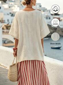 SHEIN Holidaya 女士新款简约休闲纹理宽松短袖上衣 - 杏色 - 查看 2