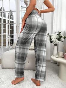 SHEIN Plaid Print Bow Decor High Waist Pajama Pants - Grey - View 2