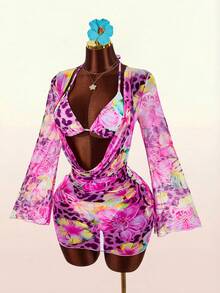 Amplova 3pcs Women's Floral Cover-Up Swimwear Set, Sexy Backless Deep Draped Neck Design, Suitable For Holiday Wear - Multicolor - View 4