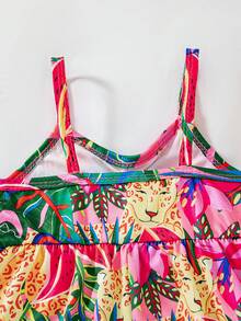 SHEIN 1pc Baby Girls' Summer Graphic Print Blossom Picnic Core Tropical Sleeveless Jumpsuit, Basic Beachwear Vacation Island Style Pink And Green - Multicolor - View 8