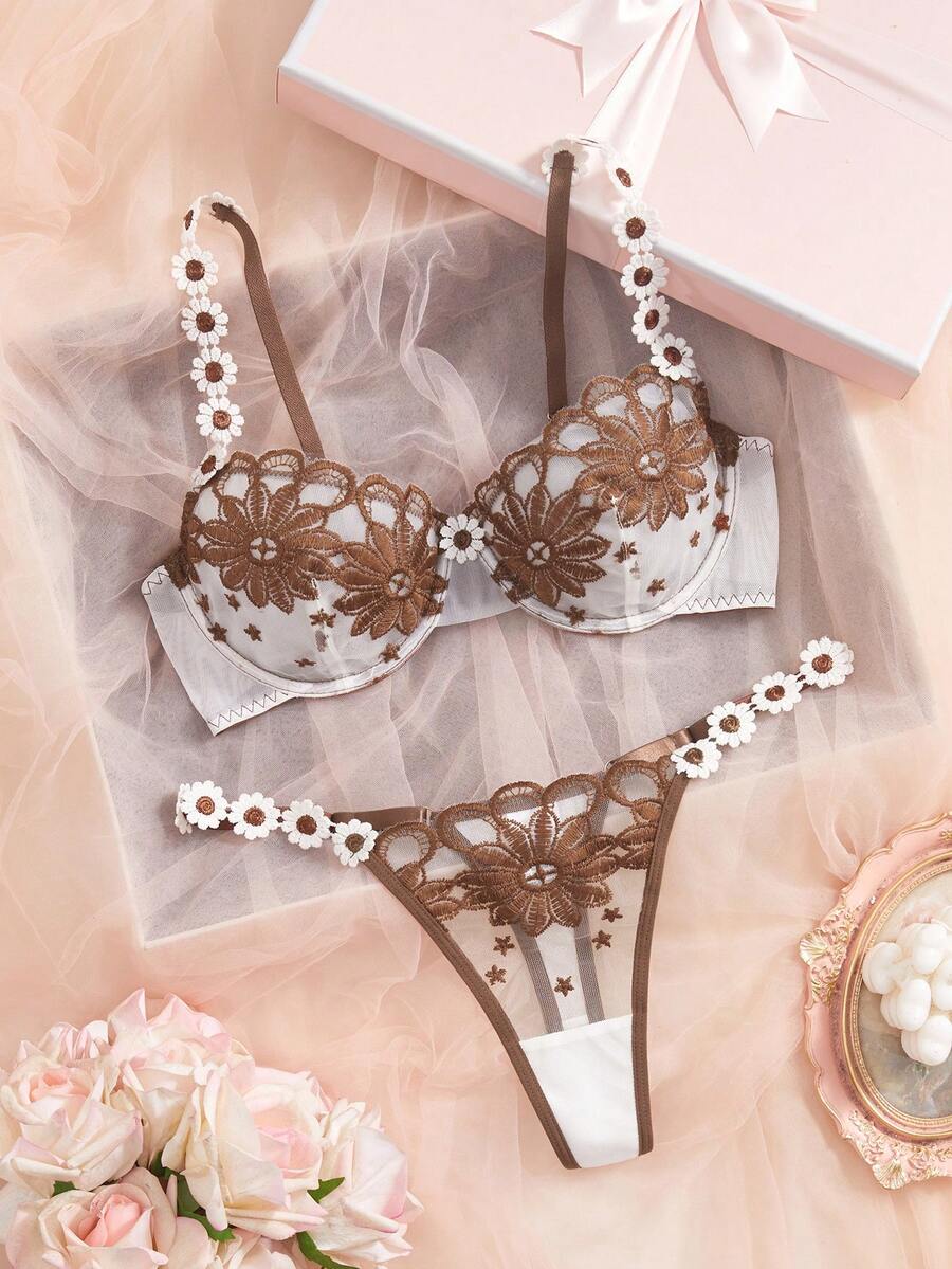 SHEIN 两件套女士内衣套装，含水溶性刺绣蕾丝 - 咖啡棕 - 查看 1
