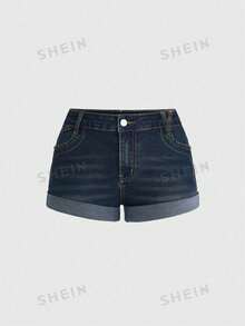 ROMWE Fairycore Y2K Baddie Butterfly Embroidered Distressed Low-Rise Denim Shorts - Dark Wash - View 4