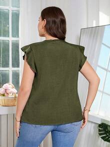 SHEIN Clasi 大码女式纯色短袖单排扣休闲衬衫 - 軍綠色 - 查看 3