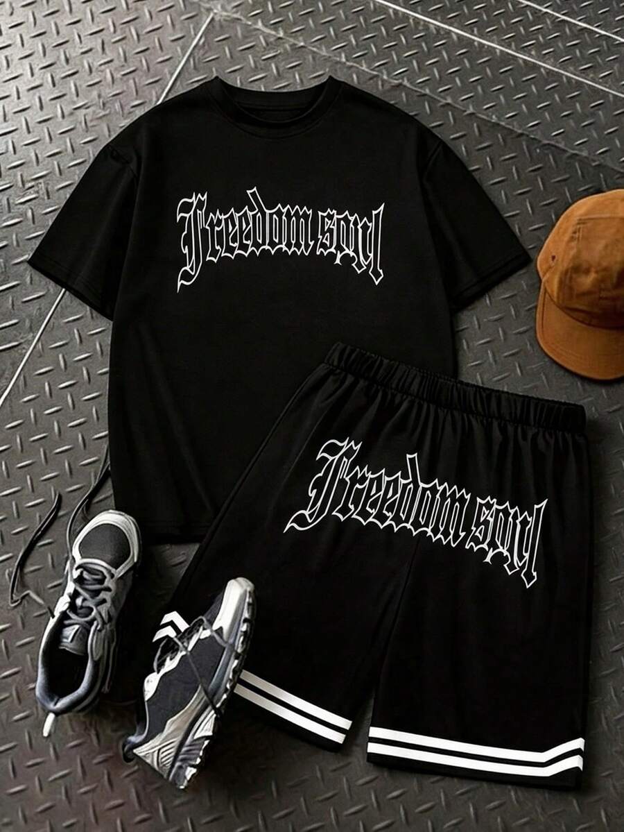 Coolqubz 两件套青少年男童印花圆领短袖T恤和休闲篮球短裤,夏季运动风 - 黑色 - 查看 1
